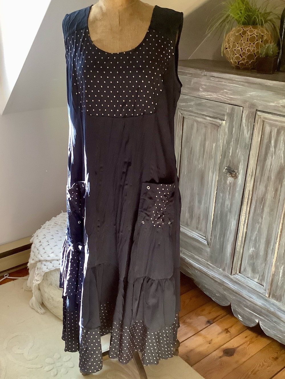 Sleeveless Navy Polka Dot Midi Dress